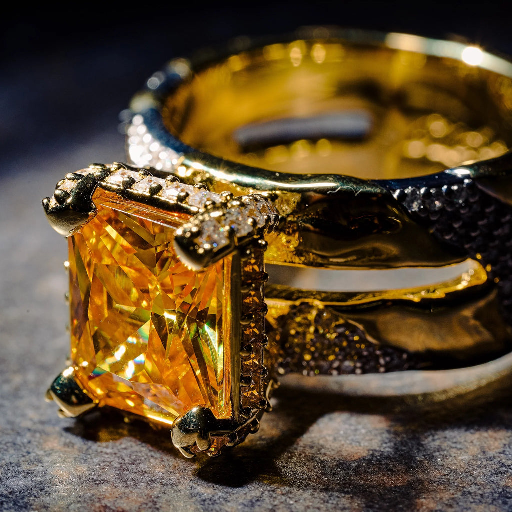 GLD X Bloody Osiris Lab Diamond Canary Two Tone Rock Ring in Solid Yellow Gold