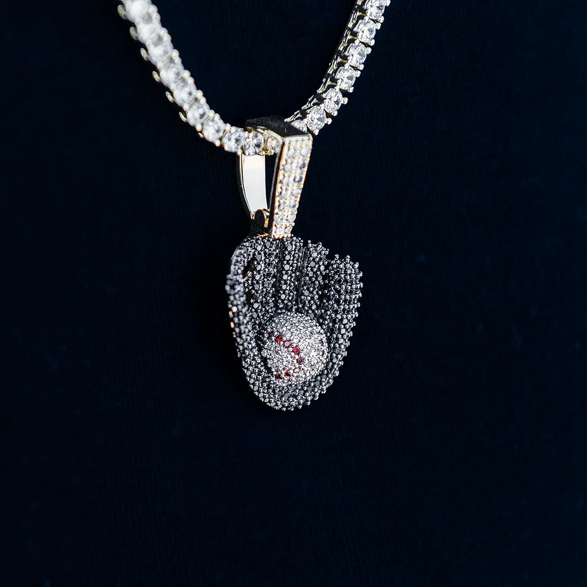 Iced Black Baseball Pendant in Yellow Gold