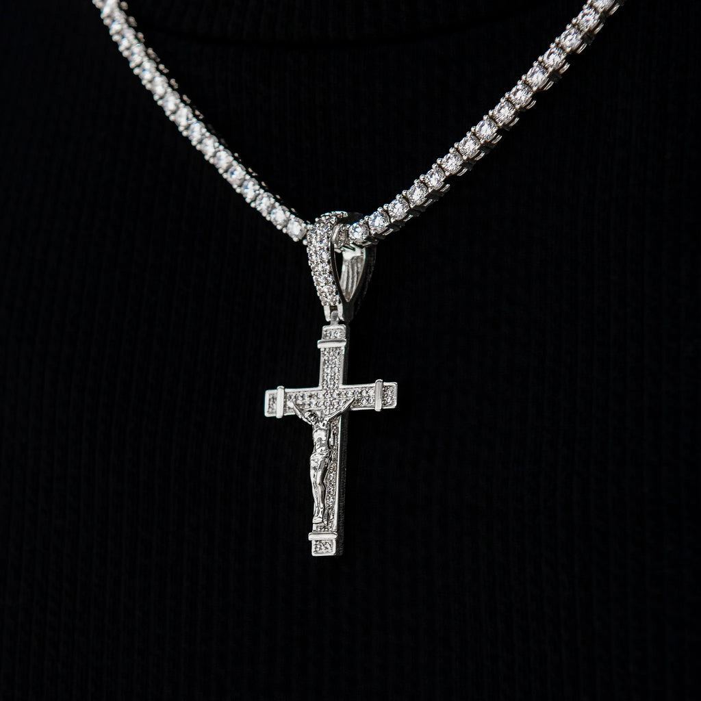 Iced Flat Crucifix Cross Pendant in White Gold