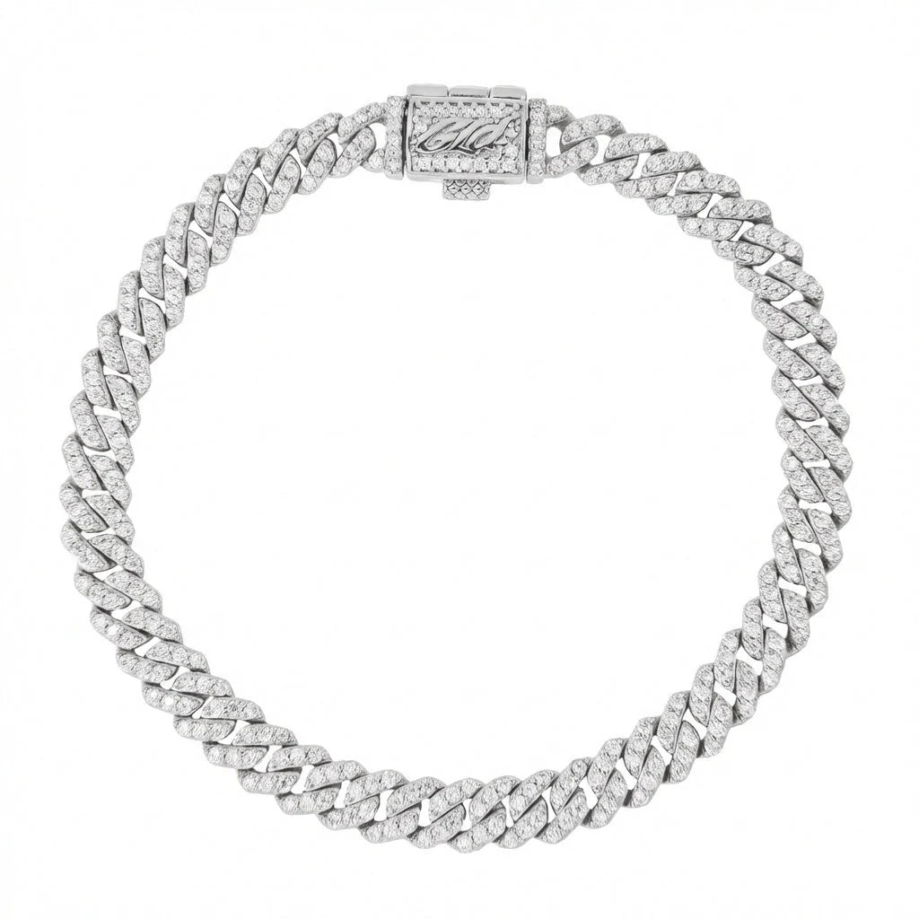 Micro Diamond Prong Moissanite Cuban Bracelet in Sterling Silver - 6MM