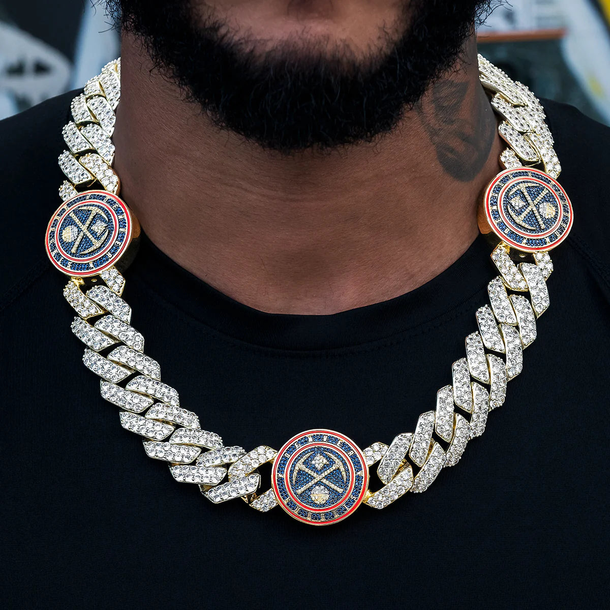 Denver Nuggets Official NBA Diamond Prong Cuban Chain in Yellow Gold- 25mm