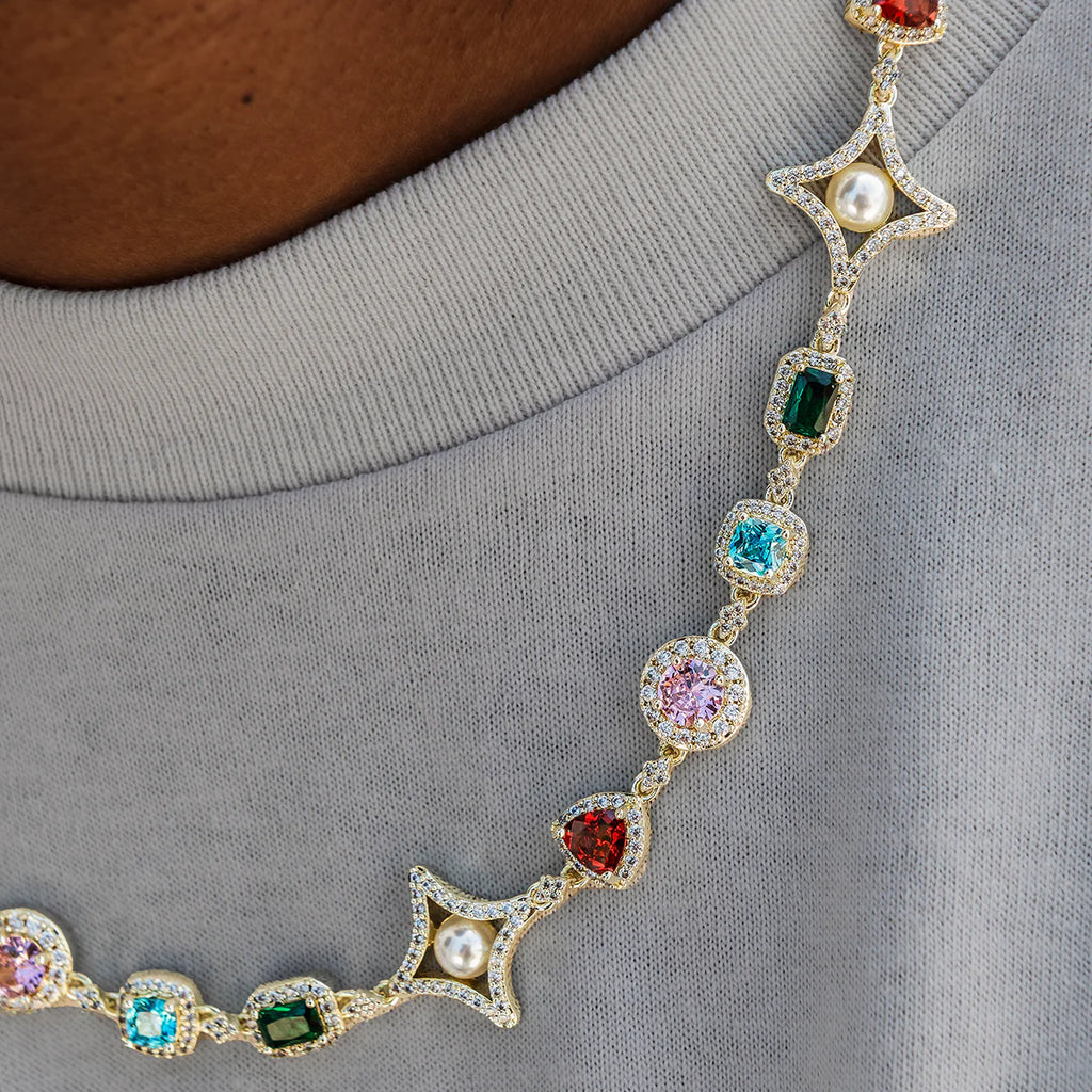 Colored Gemstone Pearl Chain + Rosary Bundle in Yellow Gold - 17mm
