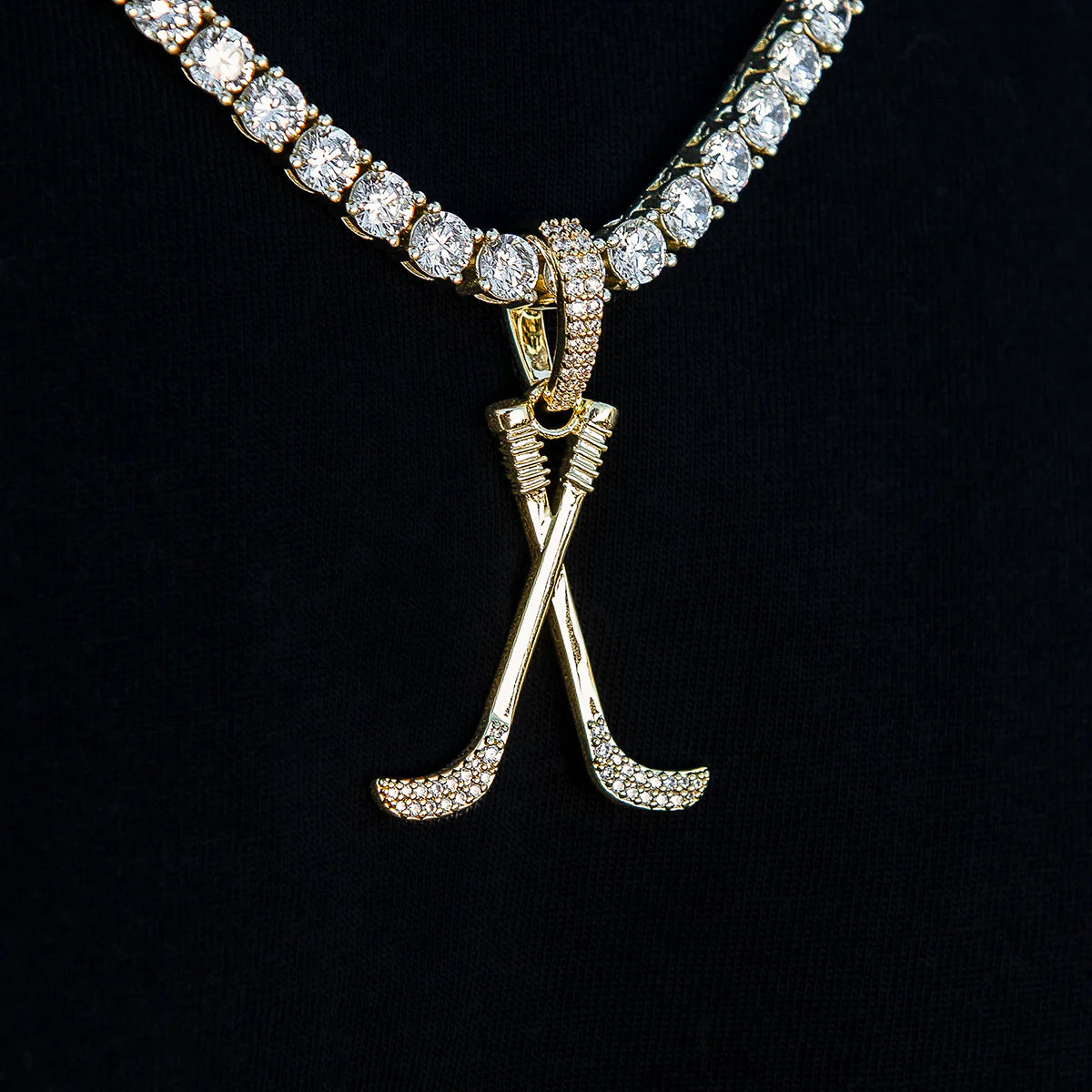 Iced Hockey Sticks Pendant in Yellow Gold