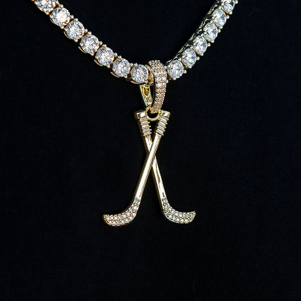 Iced Hockey Sticks Pendant in Yellow Gold