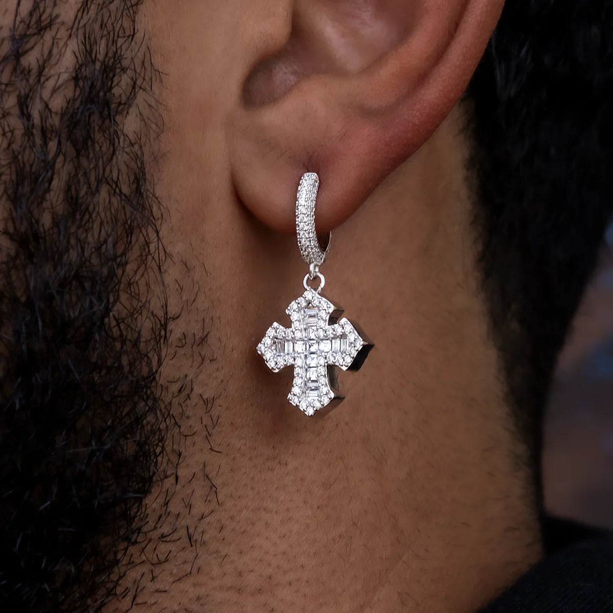 Baguette Gothic Cross Hoop Earrings