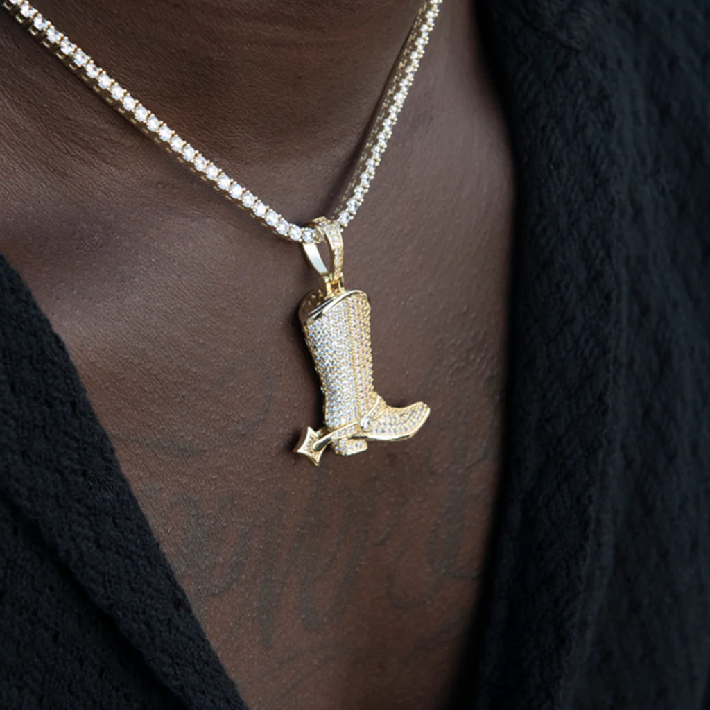 Iced Cowboy Boot Pendant in Yellow Gold