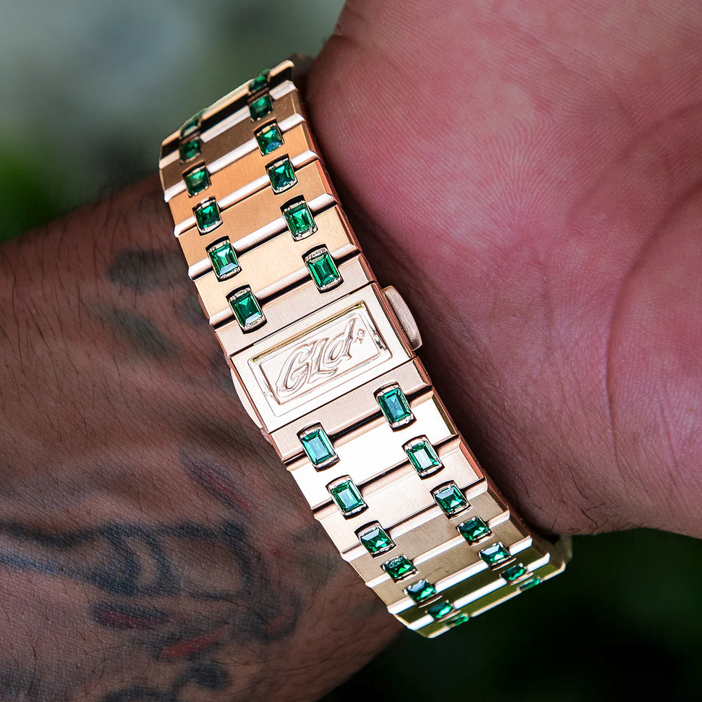 39MM Visionary Iced Emerald Stone Steel Band Watch - Rose Gold
