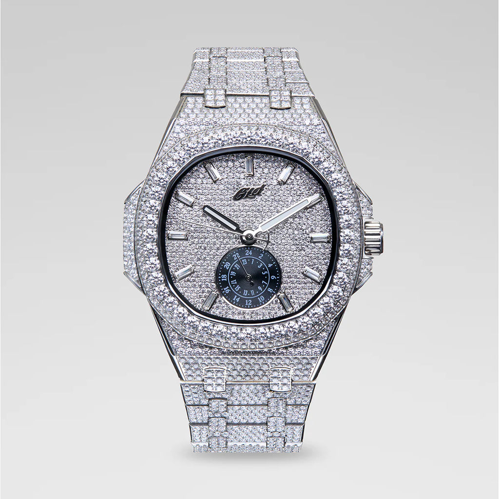 39MM Visionary Fully Iced Case & Steel Band Watch - White Gold