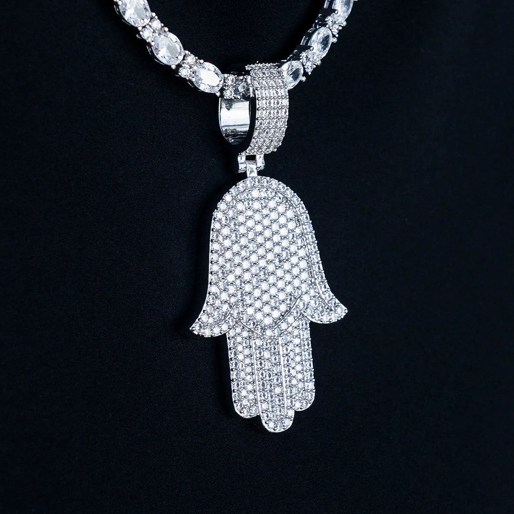 Large Iced Baguette Hamsa Pendant in White Gold