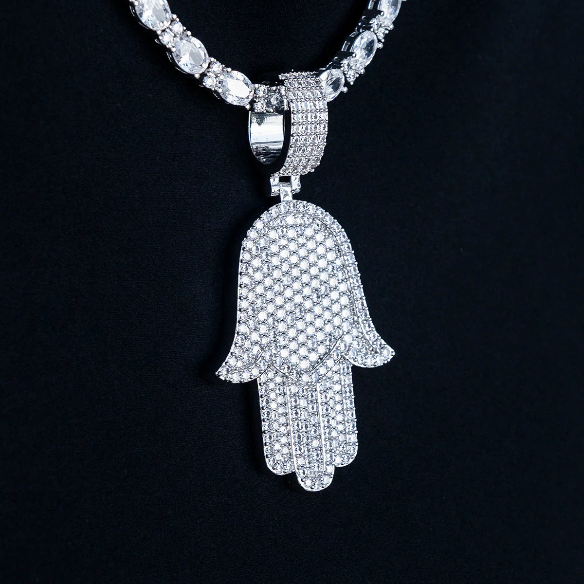 Large Iced Baguette Hamsa Pendant in White Gold