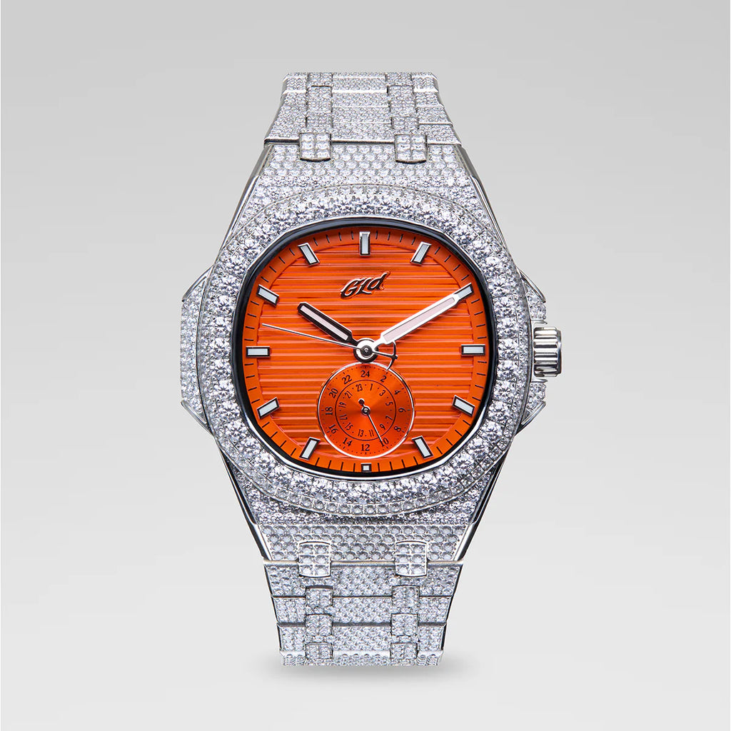 39MM Visionary Fully Iced Case & Orange Dial Watch - White Gold