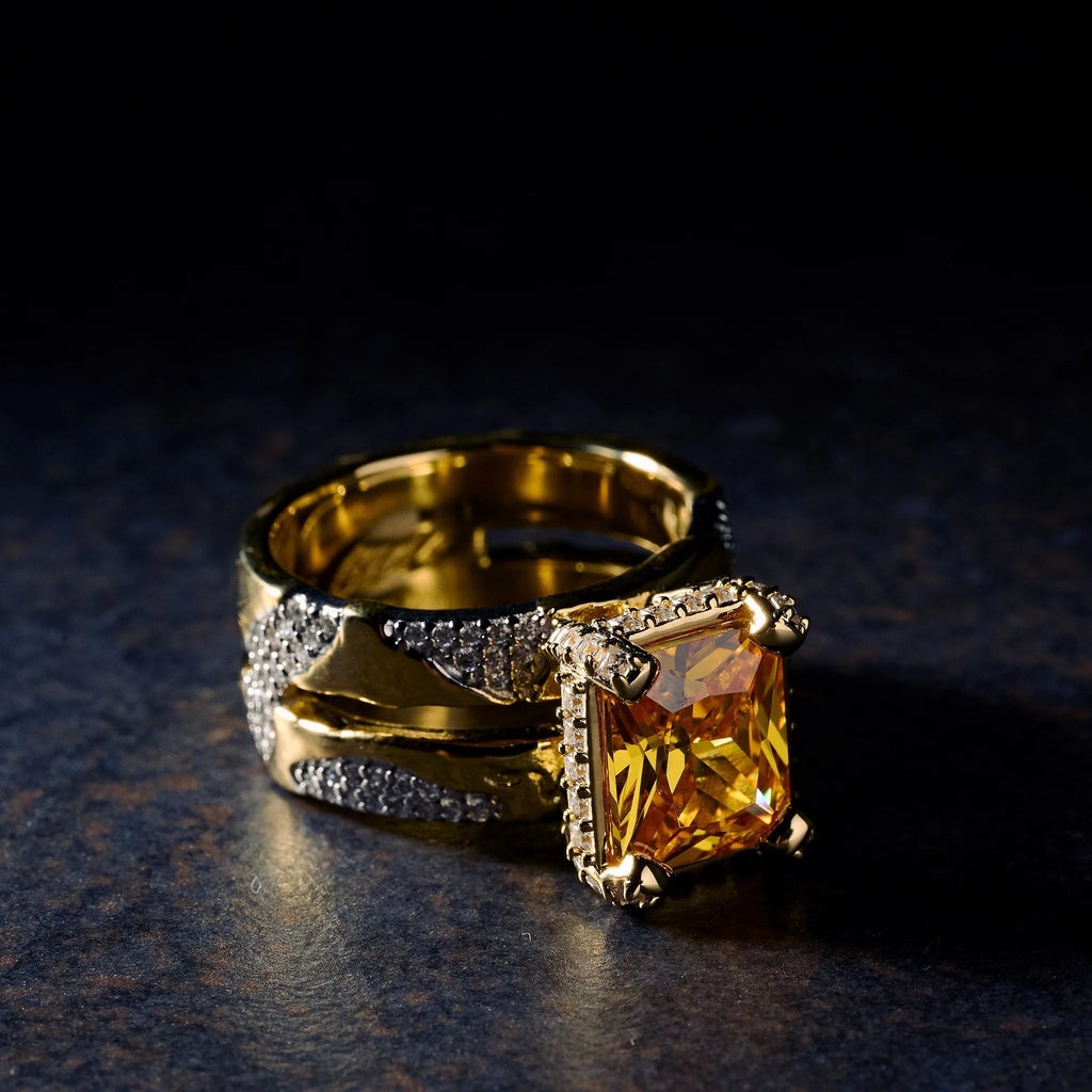 GLD X Bloody Osiris Lab Diamond Canary Two Tone Rock Ring in Solid Yellow Gold