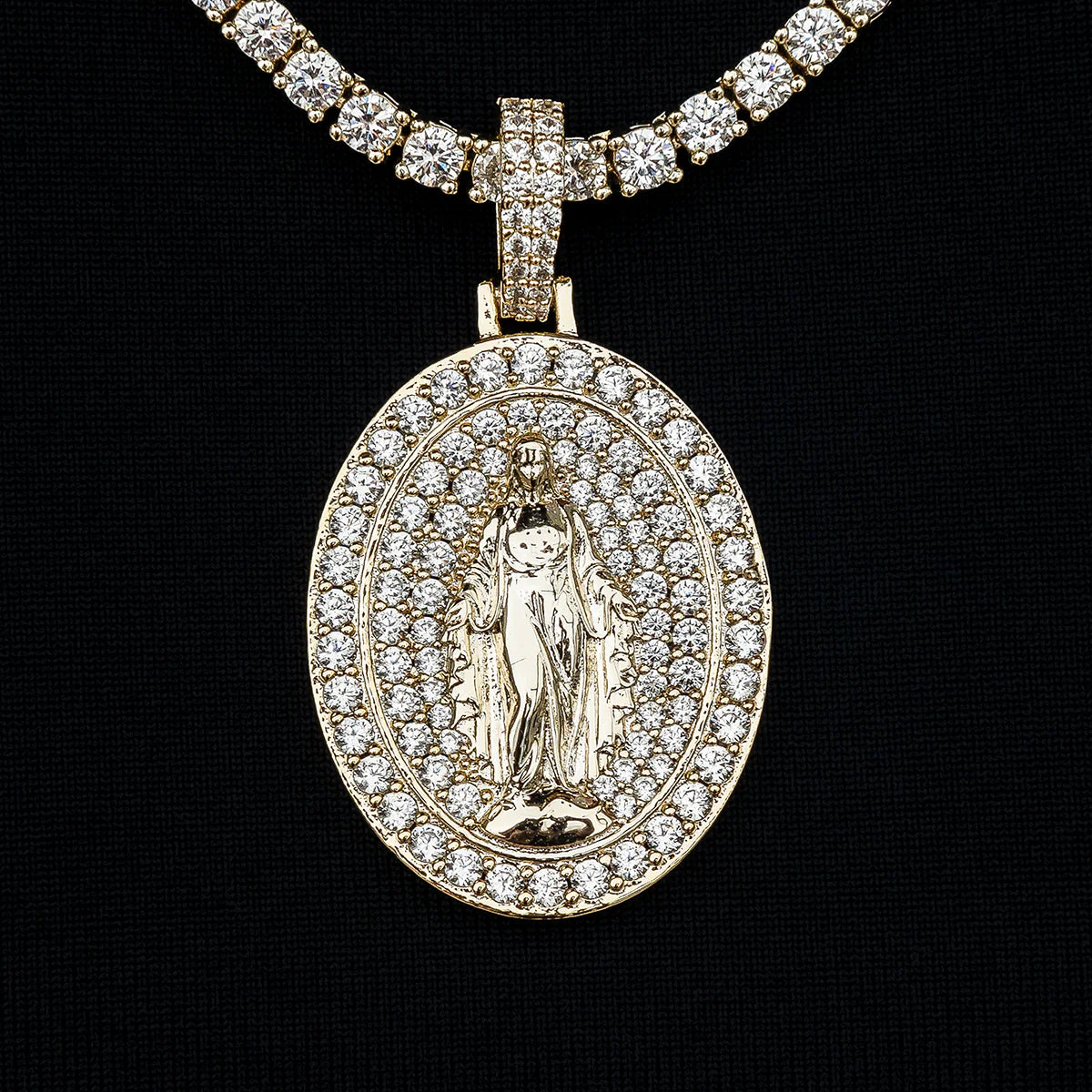 Iced Lady of Guadalupe Pendant in Yellow Gold