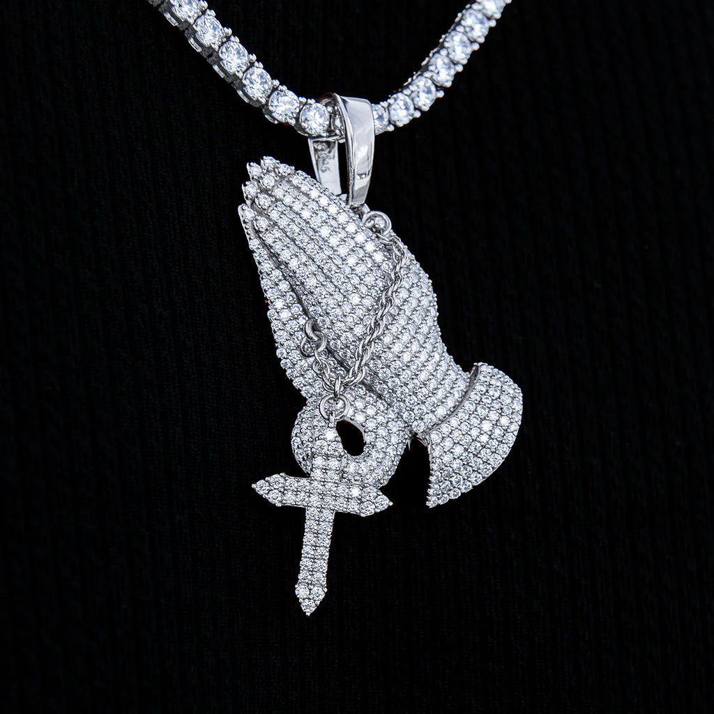 Moissanite Praying Hands Pendant in Sterling Silver