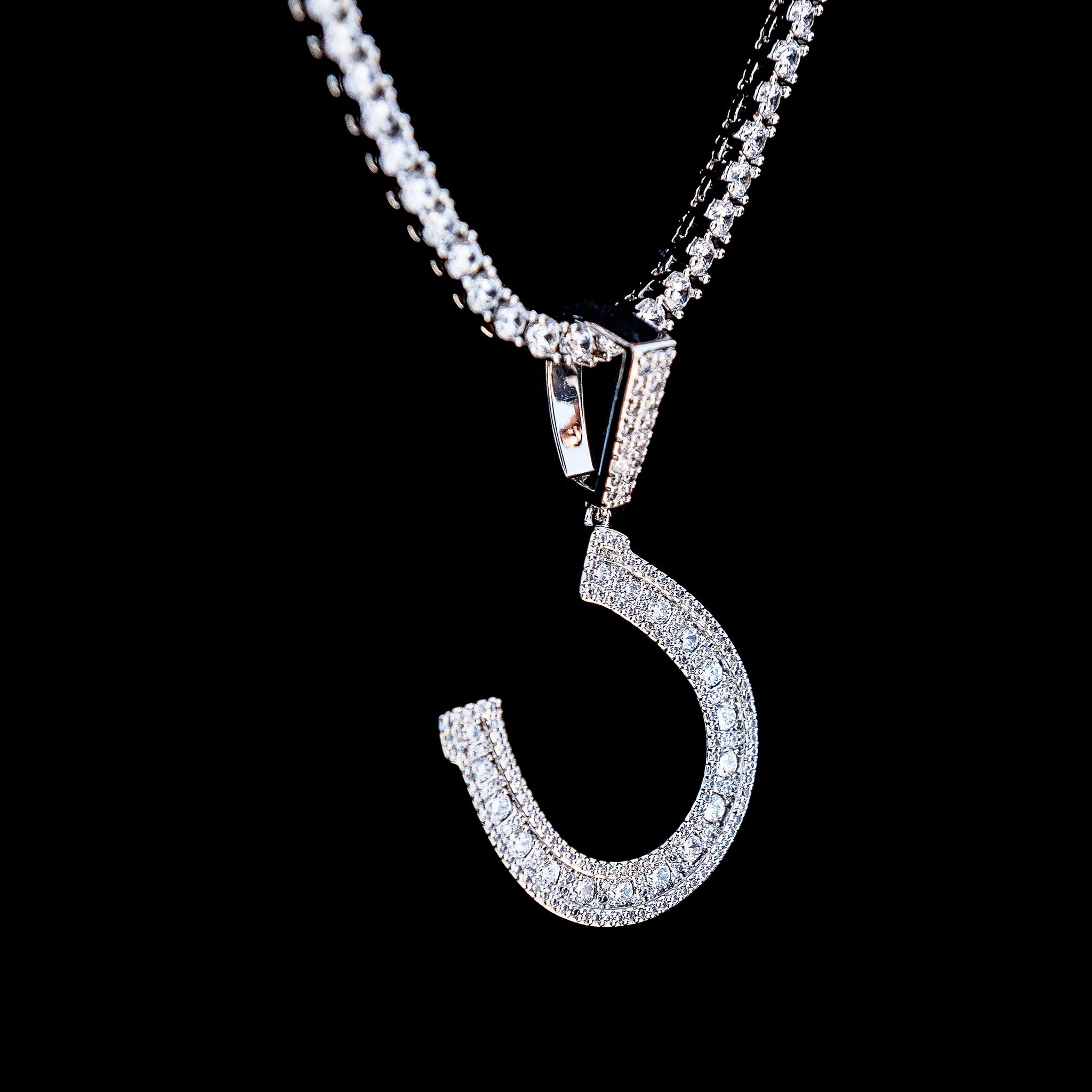 Iced Horseshoe Pendant in White Gold