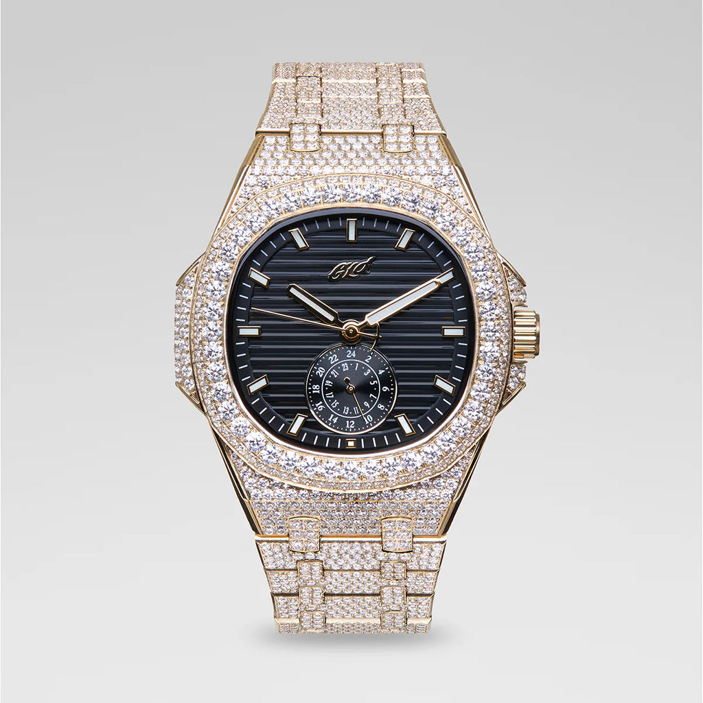 39MM Visionary Fully Iced Case & Black Dial Watch - Yellow Gold