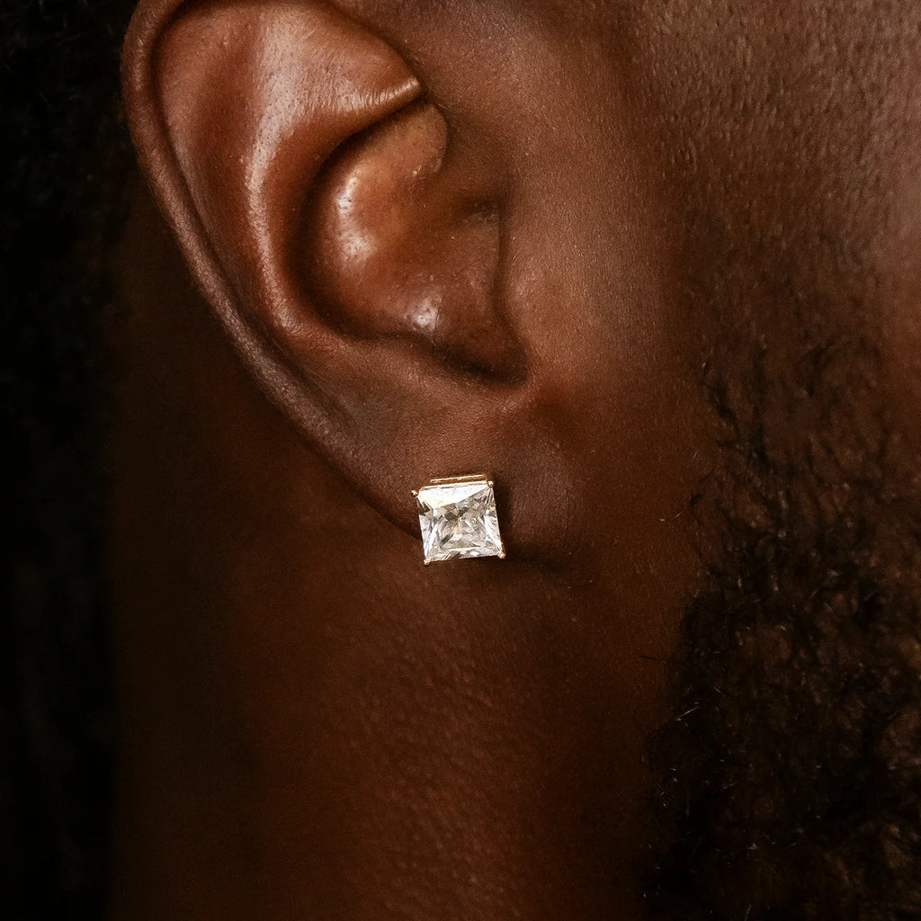 7mm Square Cut Diamond Stud Earrings in Yellow Gold