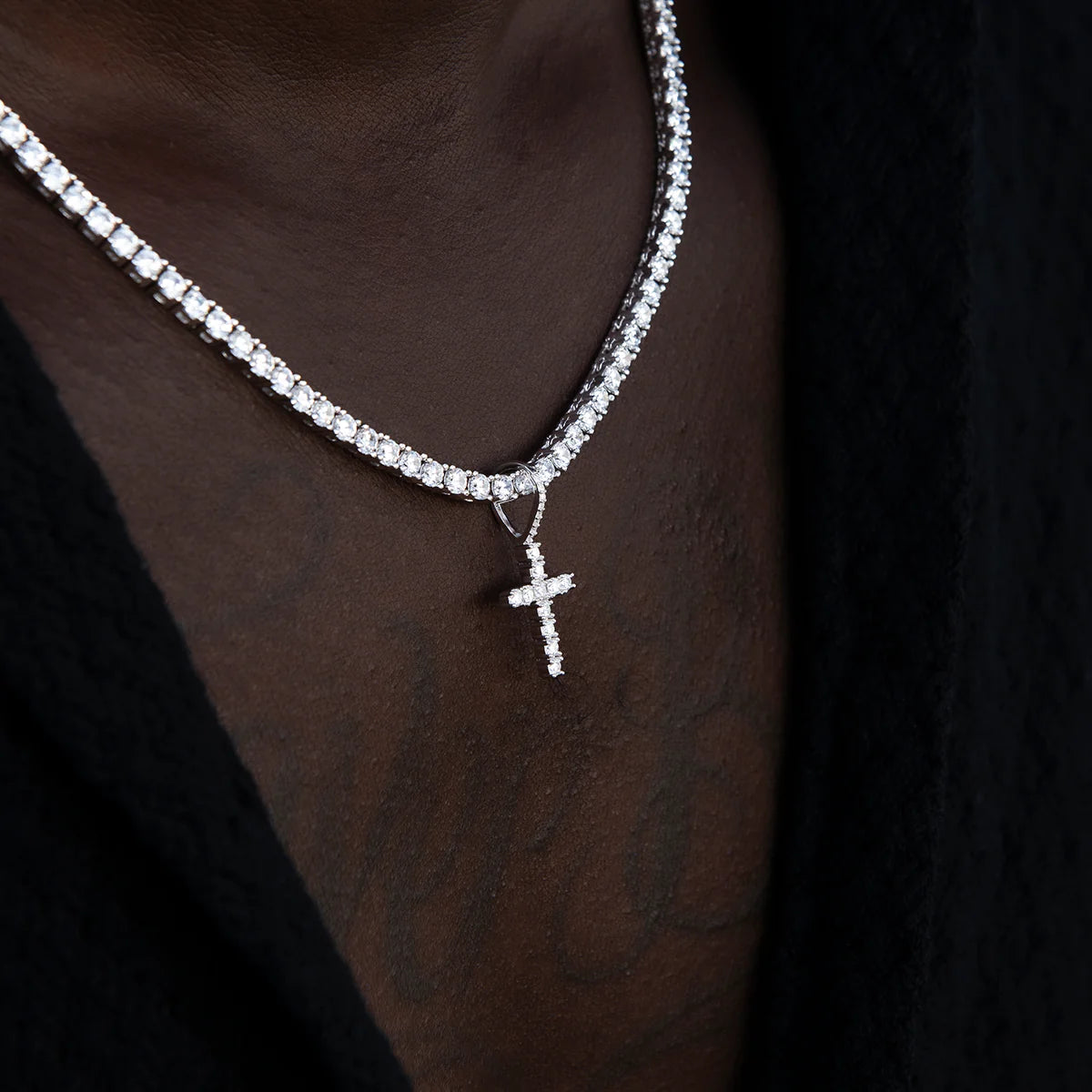 Men's Moissanite Diamond Cross Micro Pendant in White Gold Vermeil