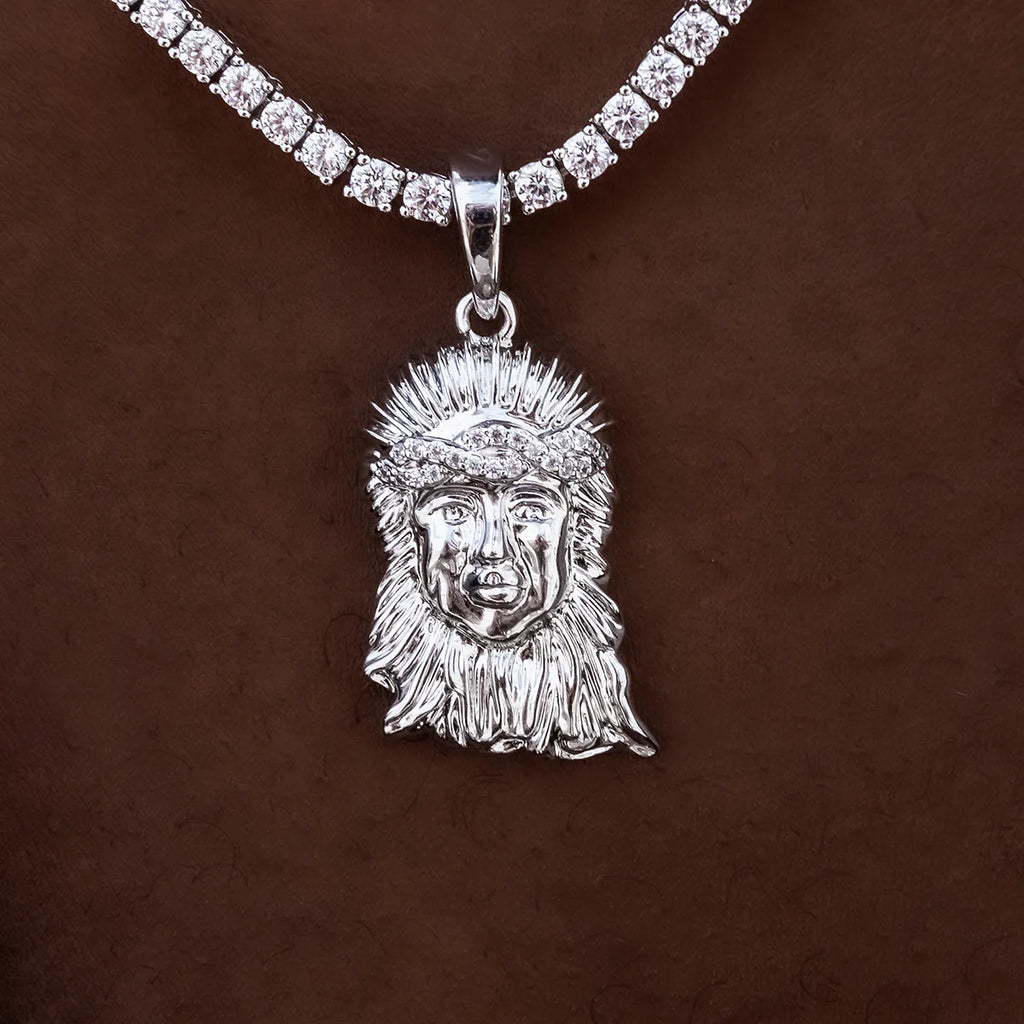 Diamond Crown Portrait of Jesus Pendant in White Gold