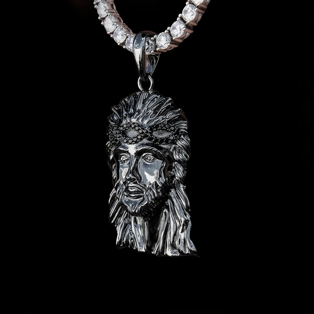 Large Diamond Crown Portrait of Jesus Pendant in Black Rhodium