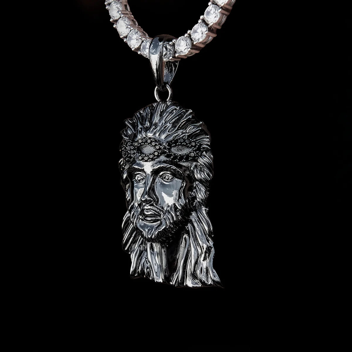 Large Diamond Crown Portrait of Jesus Pendant in Black Rhodium