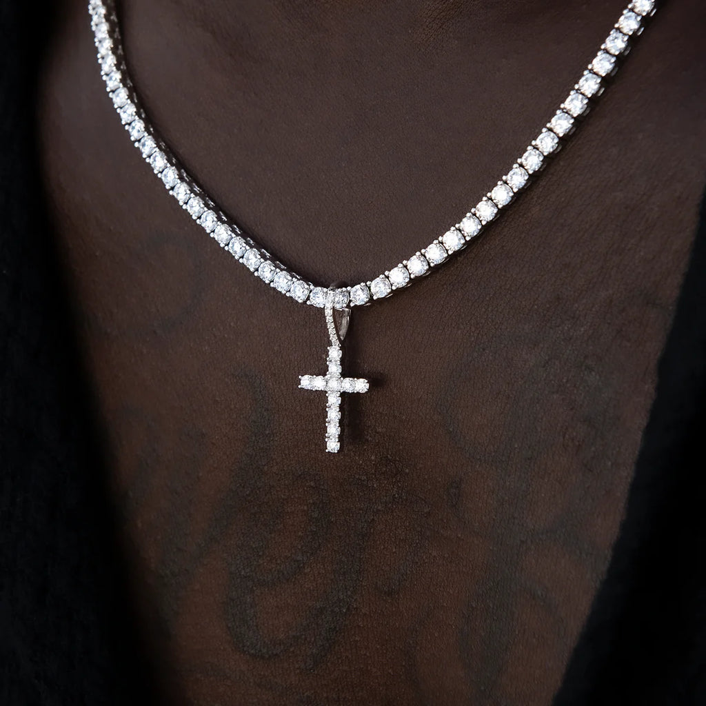 Men's Moissanite Diamond Cross Micro Pendant in White Gold Vermeil
