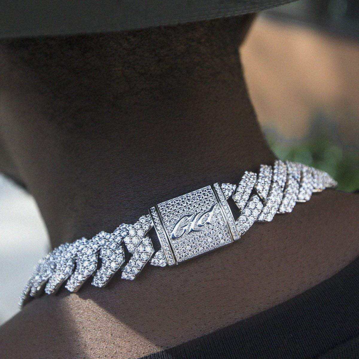 Men's Moissanite Diamond Prong Cuban Chain in White Gold Vermeil - 19mm