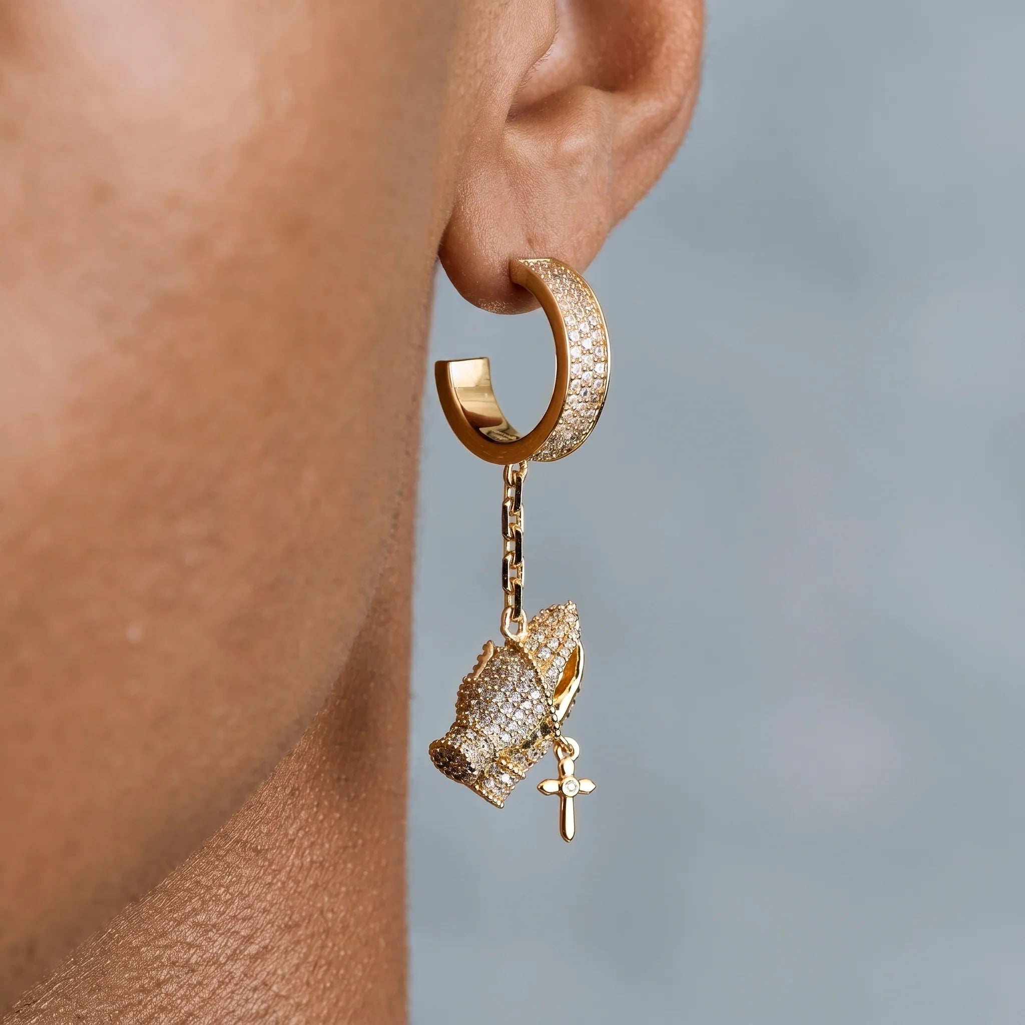 Iced Hanging Praying Hands Hoop Earring in Yellow Gold