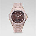 39MM Visionary Fully Iced Case & Chocolate Dial Watch - Rose Gold