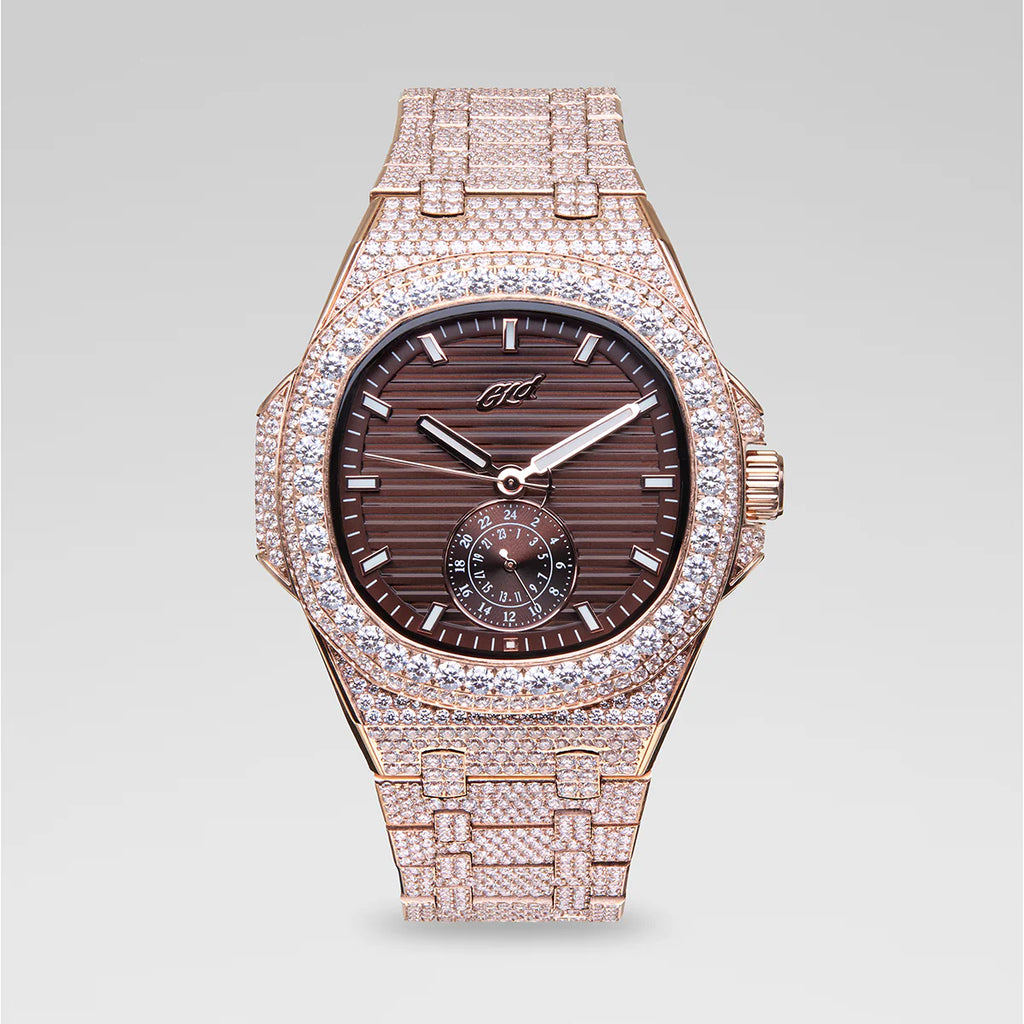 39MM Visionary Fully Iced Case & Chocolate Dial Watch - Rose Gold