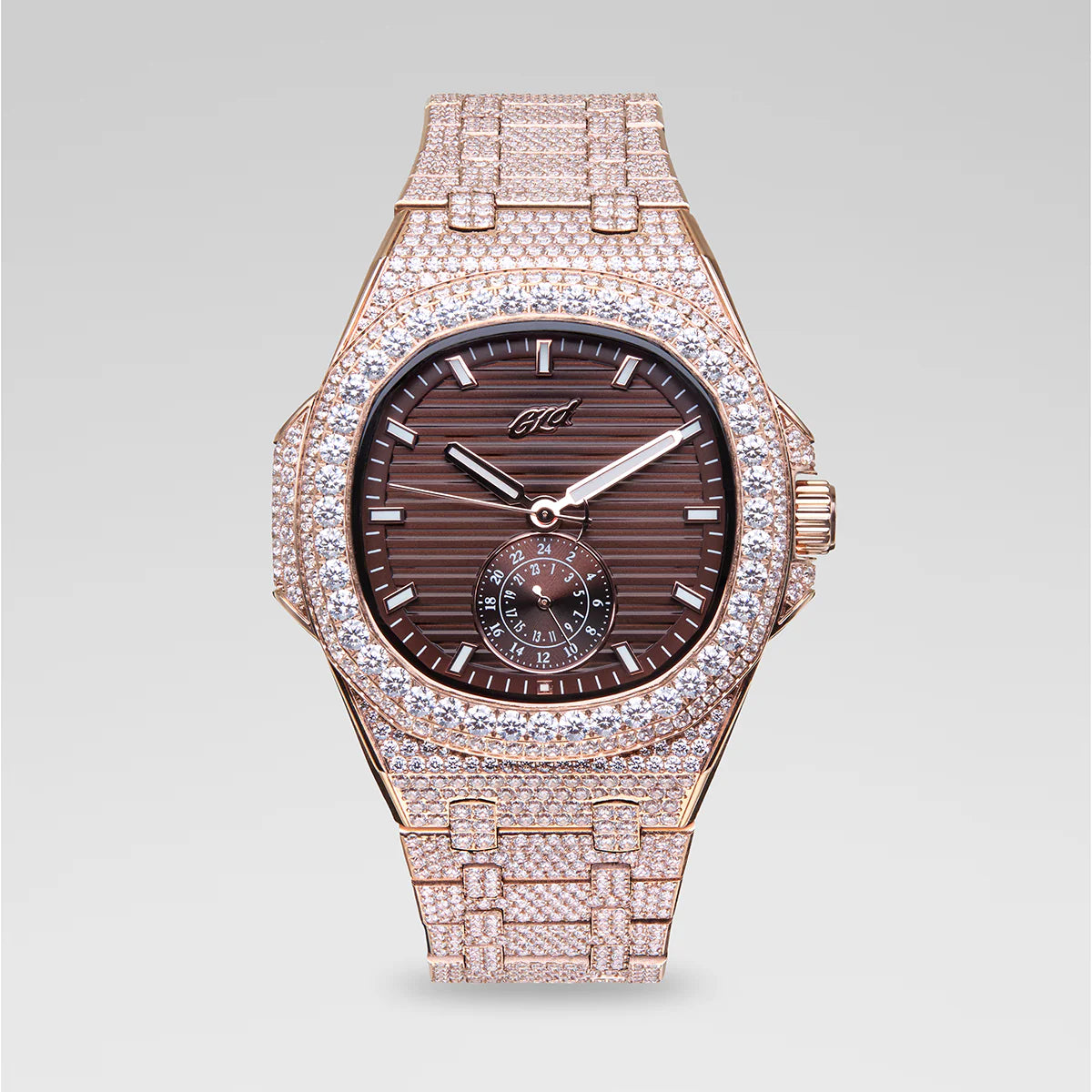 39MM Visionary Fully Iced Case & Chocolate Dial Watch - Rose Gold