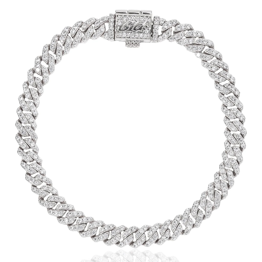 Micro Diamond Prong Cuban Bracelet in White Gold - 6mm