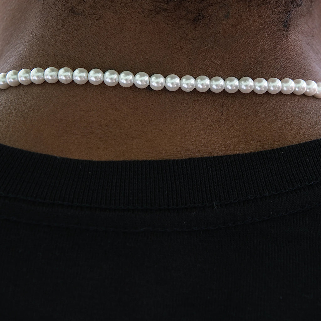 Iced Cross Pearl Bolo Chain in White Gold