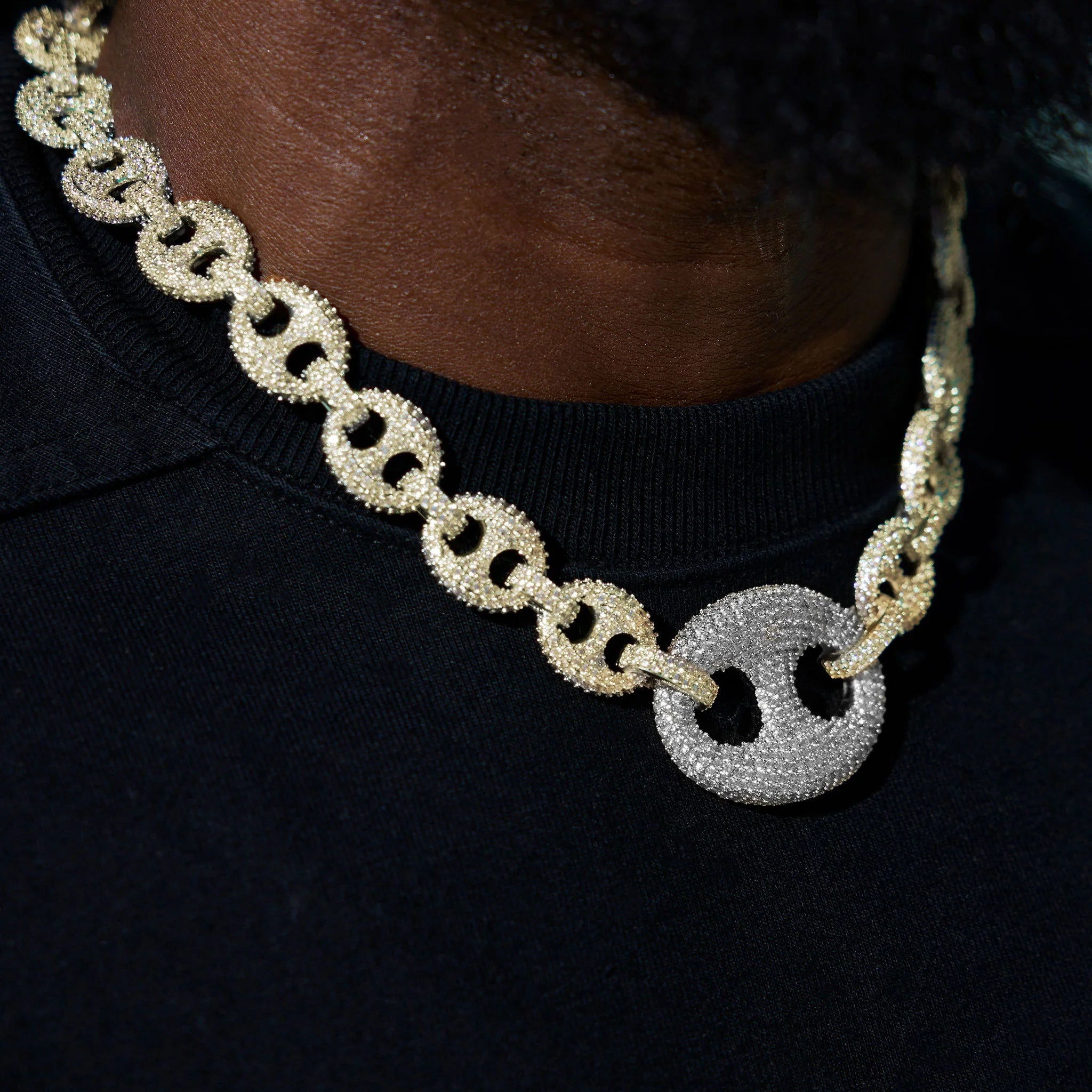 Iced Two Tone Large Link Puffed Mariner Necklace in Yellow & White Gold - 15mm