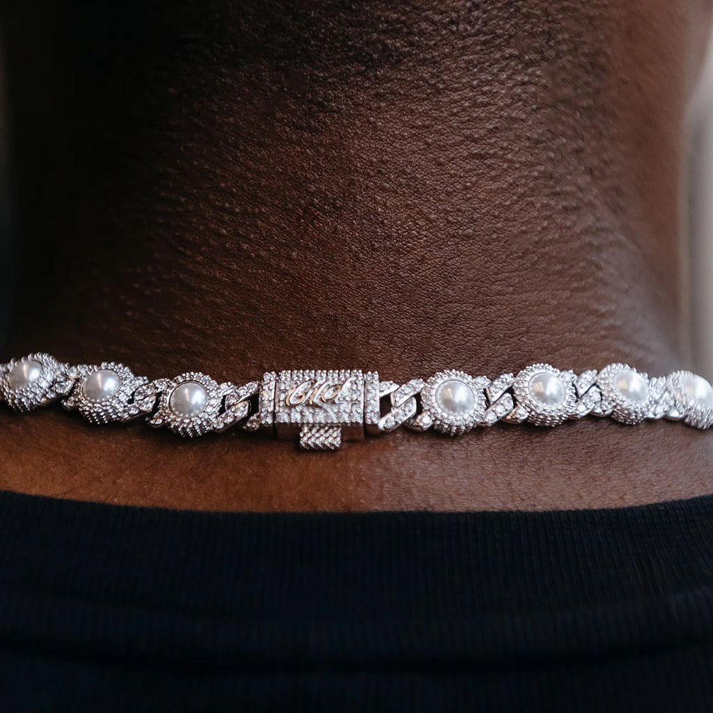 10mm Iced Halo Cuban Chain with Pearls in White Gold