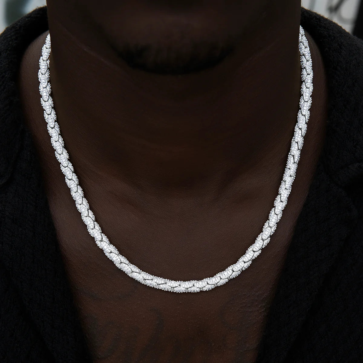 Diamond Pave Snake Link Chain in White Gold-6mm