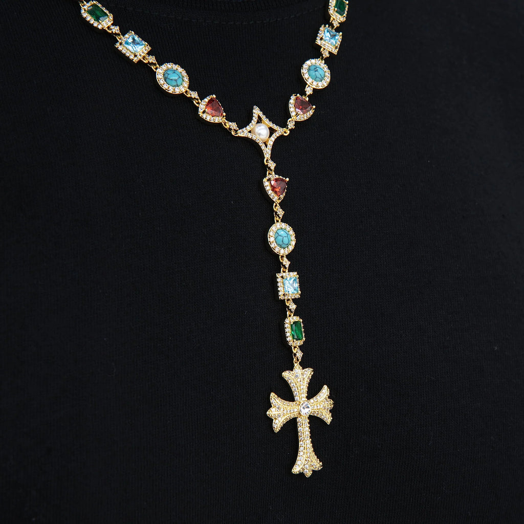 Colored Gemstone Pearl Rosary Chain Necklace in Yellow Gold