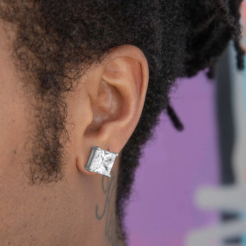 10MM Square Cut Diamond Stud Earring in White Gold
