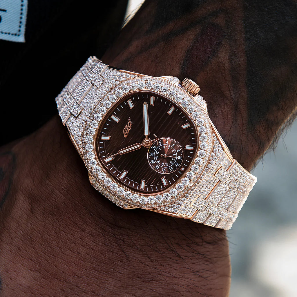 39MM Visionary Fully Iced Case & Chocolate Dial Watch - Rose Gold