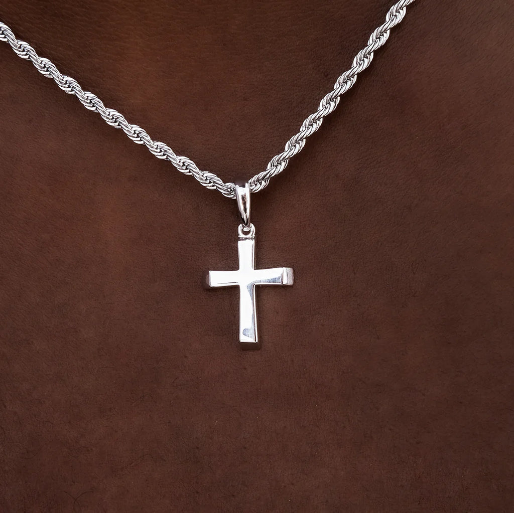 Micro Simple Cross Pendant + 2MM Rope Chain Bundle in White Gold