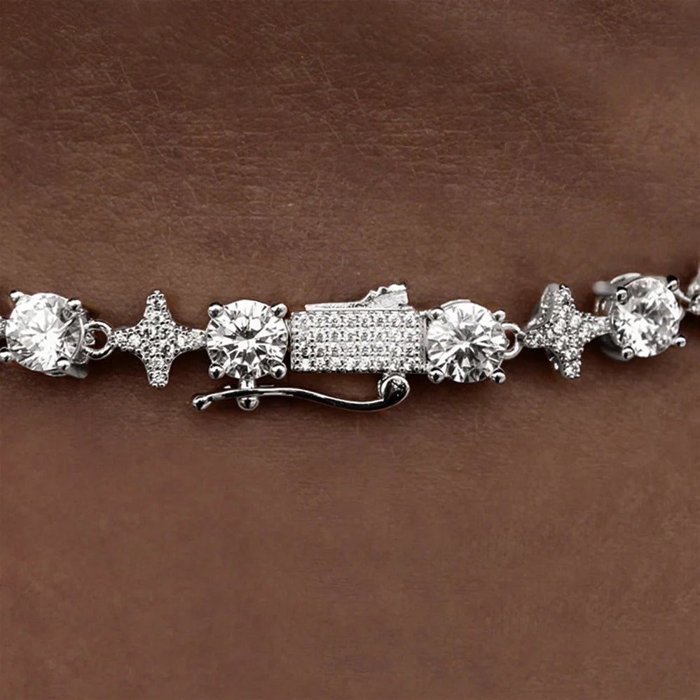 Round Stone Star Tennis Chain in White Gold - 8mm