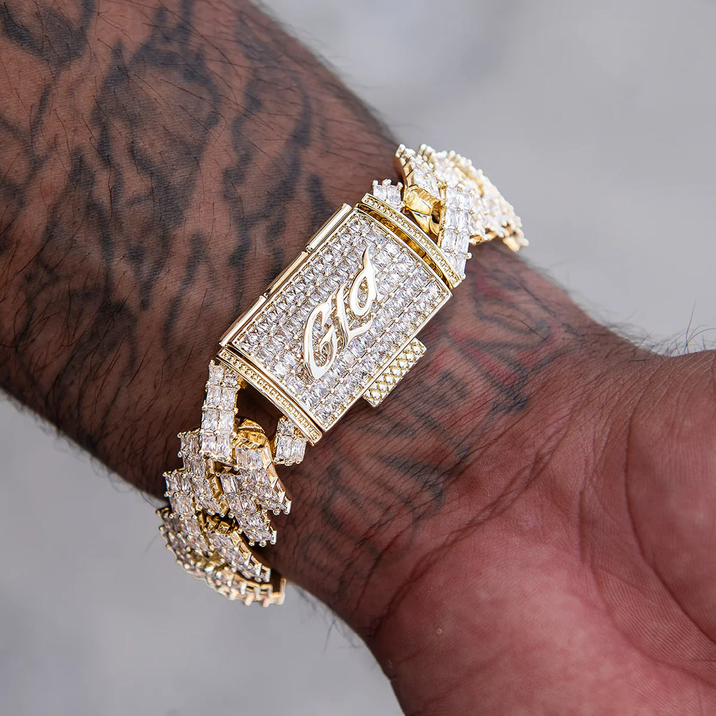 19MM Prong Baguette Cuban Bracelet - Yellow Gold