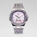 39MM Visionary Moissanite Iced Pink Stone Band Watch - White Gold