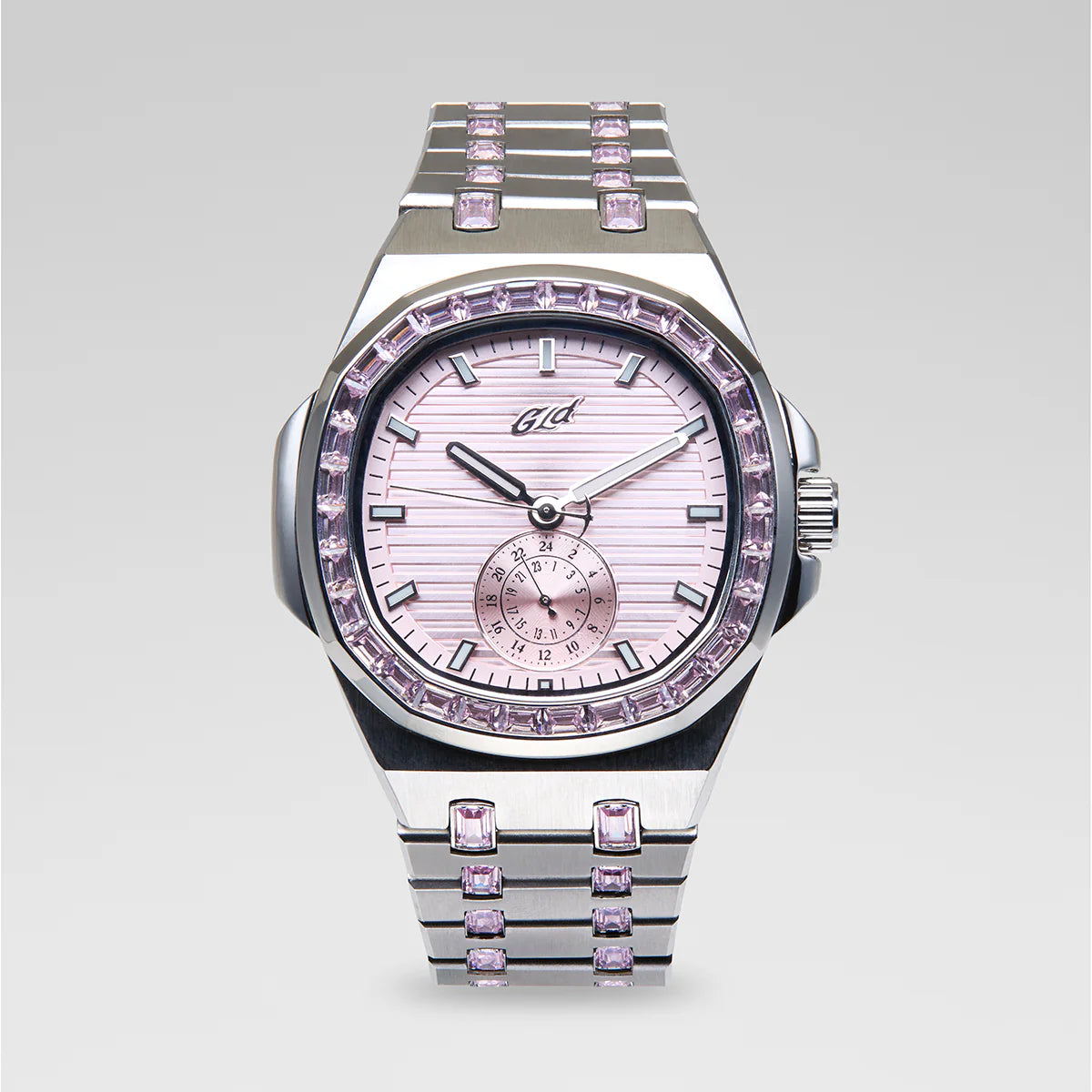 39MM Visionary Moissanite Iced Pink Stone Band Watch - White Gold