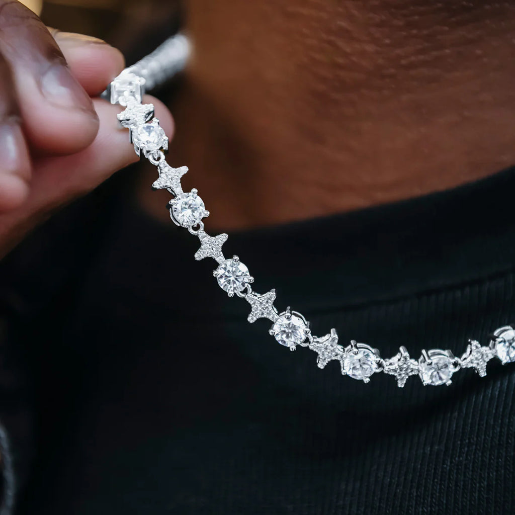 Round Stone Star Tennis Chain + Bracelet Bundle in White Gold
