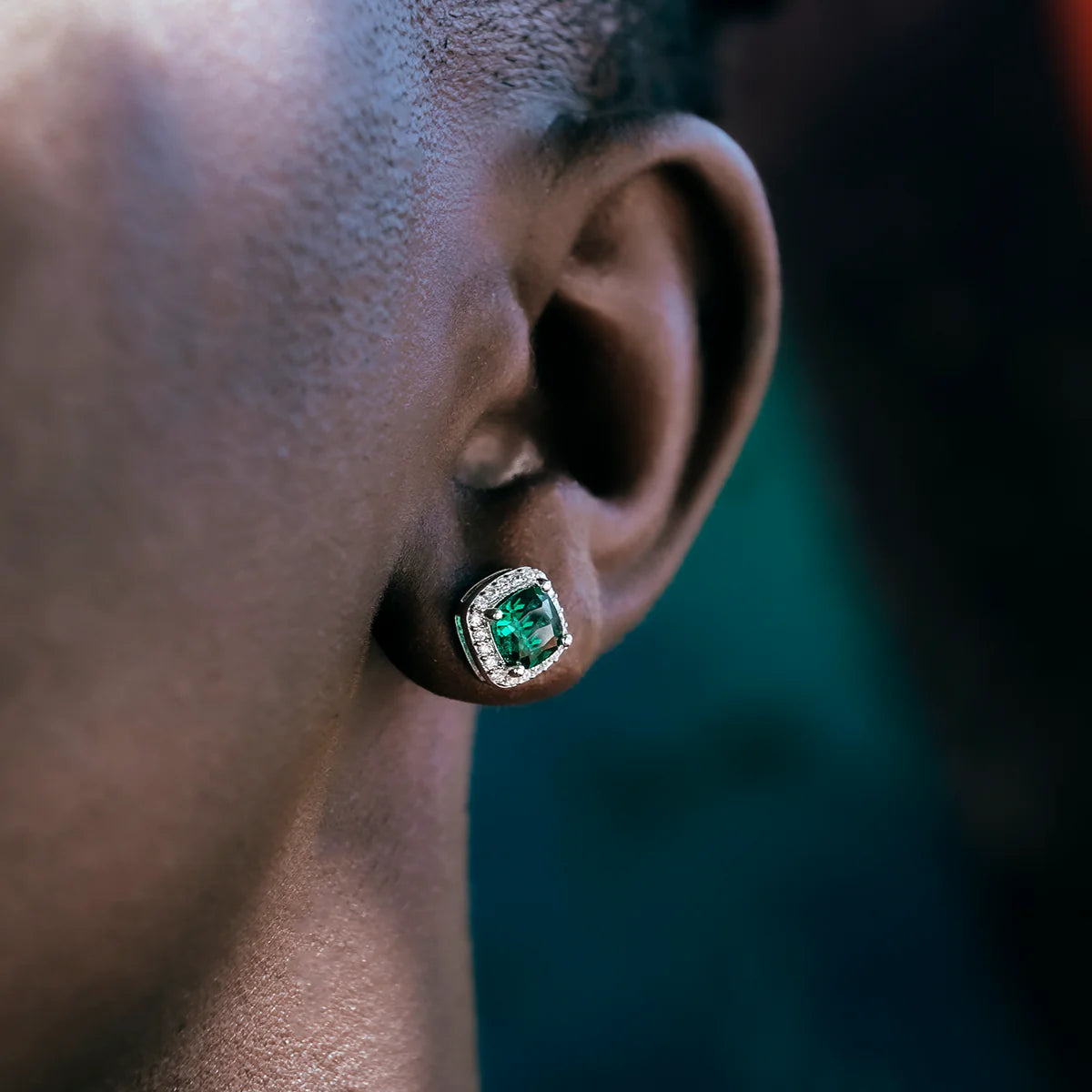 Emerald Cushion Cut Earrings in White Gold