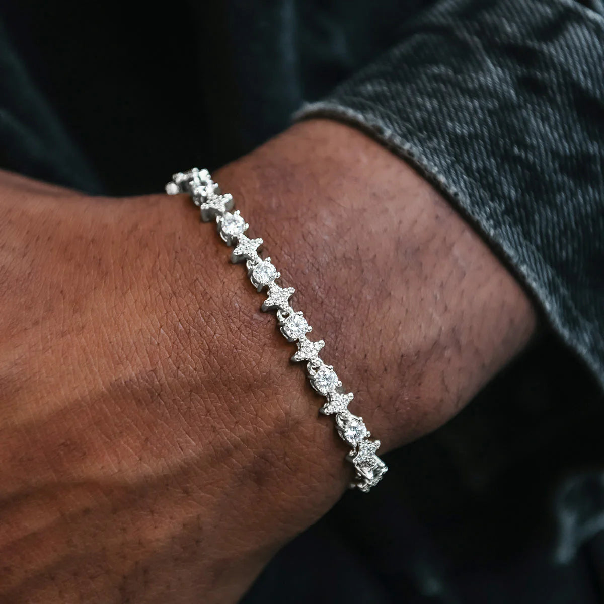 Men's Moissanite Round Stone Star Tennis Bracelet in White Gold Vermeil - 6mm