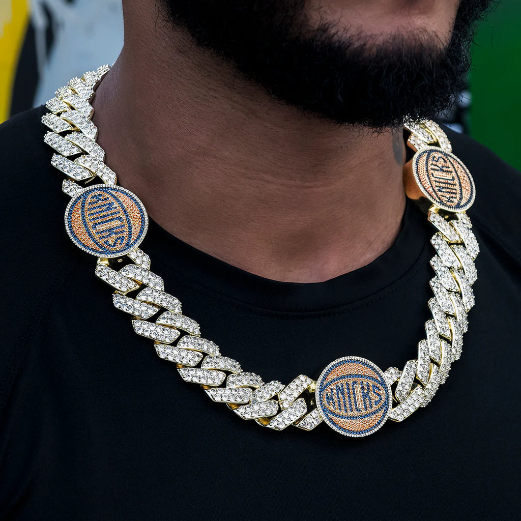 New York Knicks Official NBA Diamond Prong Cuban Chain in Yellow Gold- 25mm
