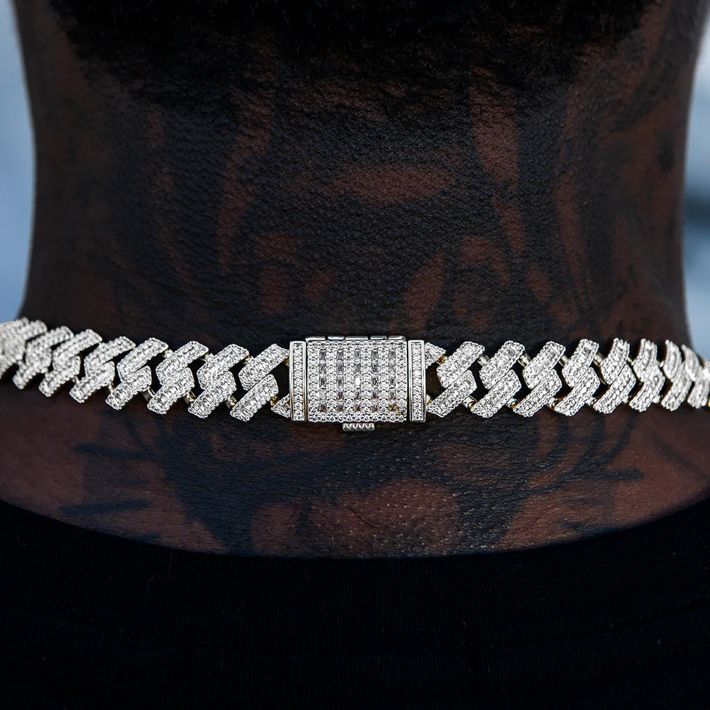 Diamond Baguette Station Cuban Chain in White Gold- 12mm