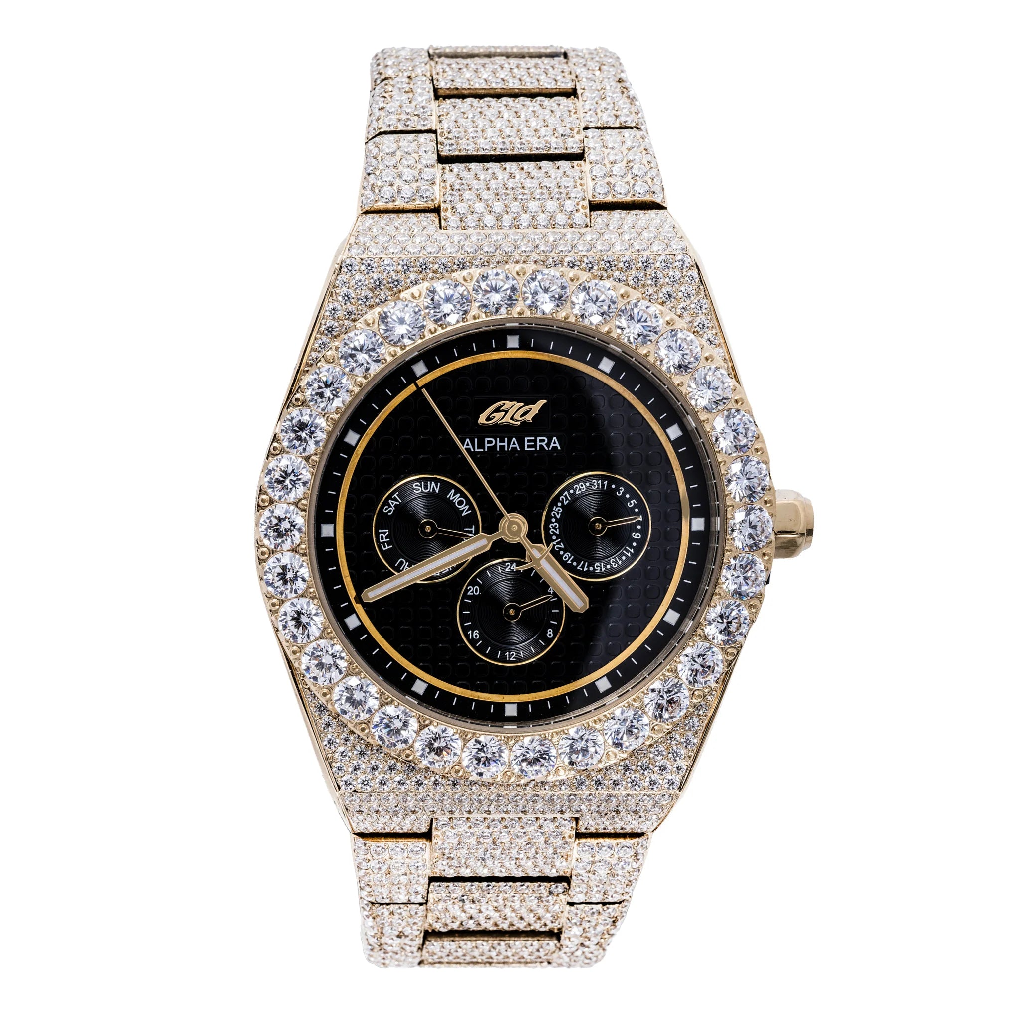42mm Iced Alpha Era Moissanite in Gold Black Dial